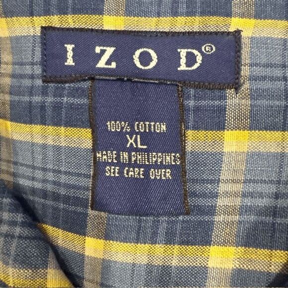 IZOD Button Front Men's Shirt Cotton Blue Gold Yellow Plaid Size XL - Picture 7 of 8